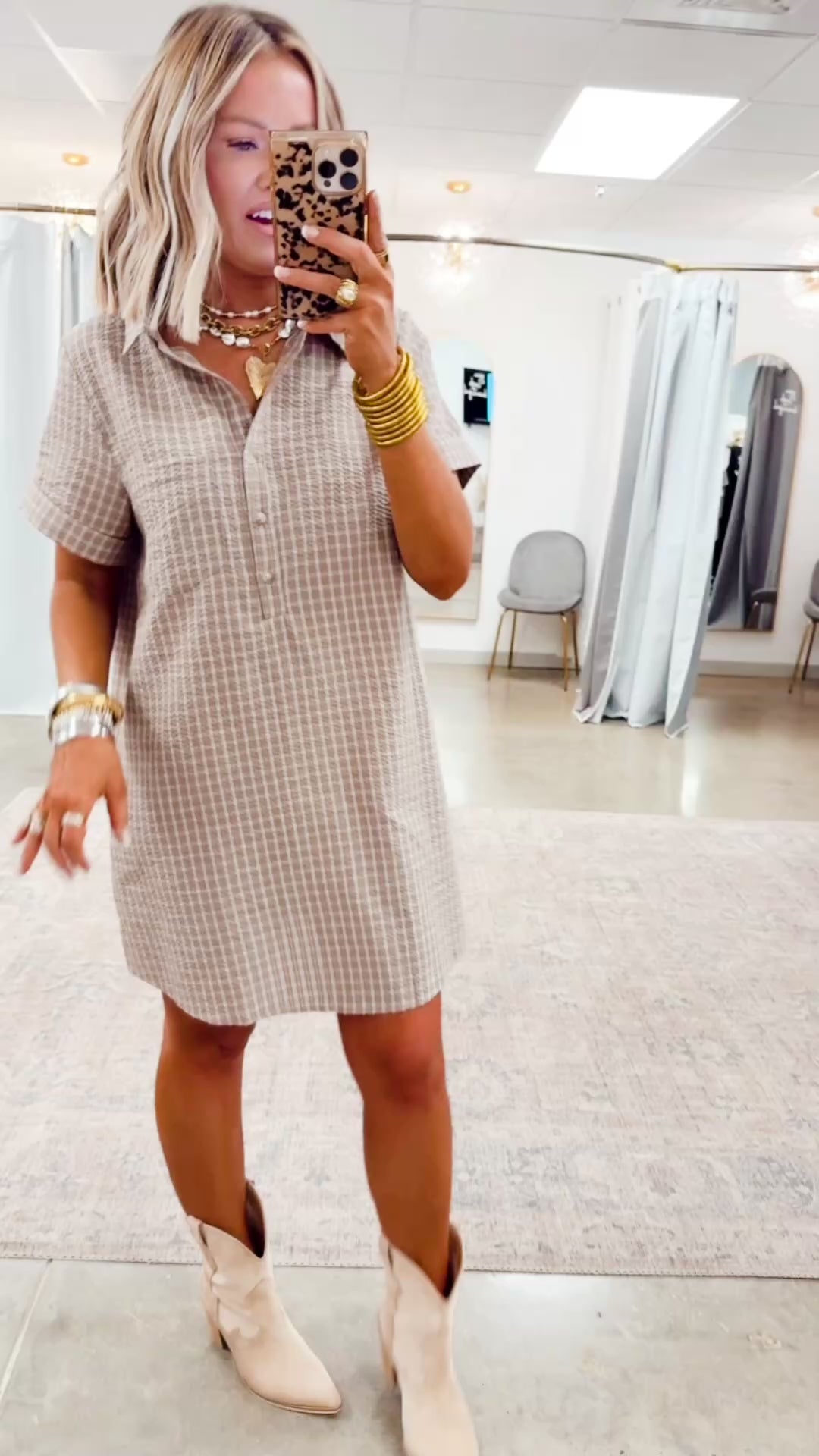Checkered Shirt Dress-Mocha