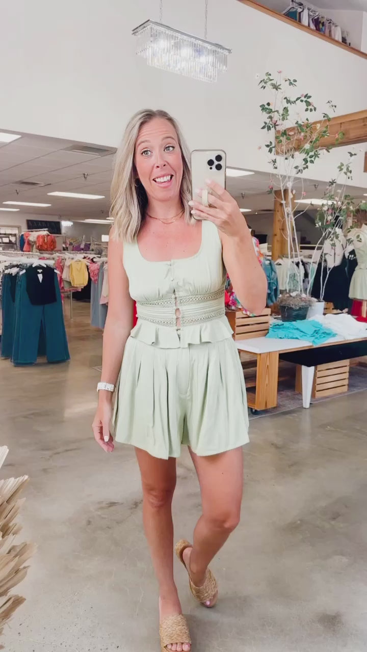 Elegant Button Down Tank & Lace Trim Shorts Set