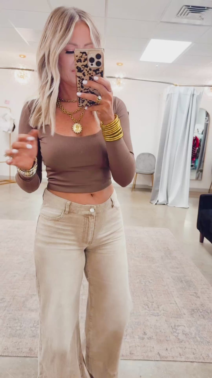 Wide Leg Flared Corduroy Pants-Taupe