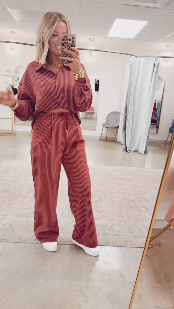 Lexi Pinstripe Top & Pants Set-Burgundy