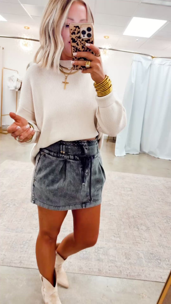 Corduroy Cord Mini Skirt-Washed Black