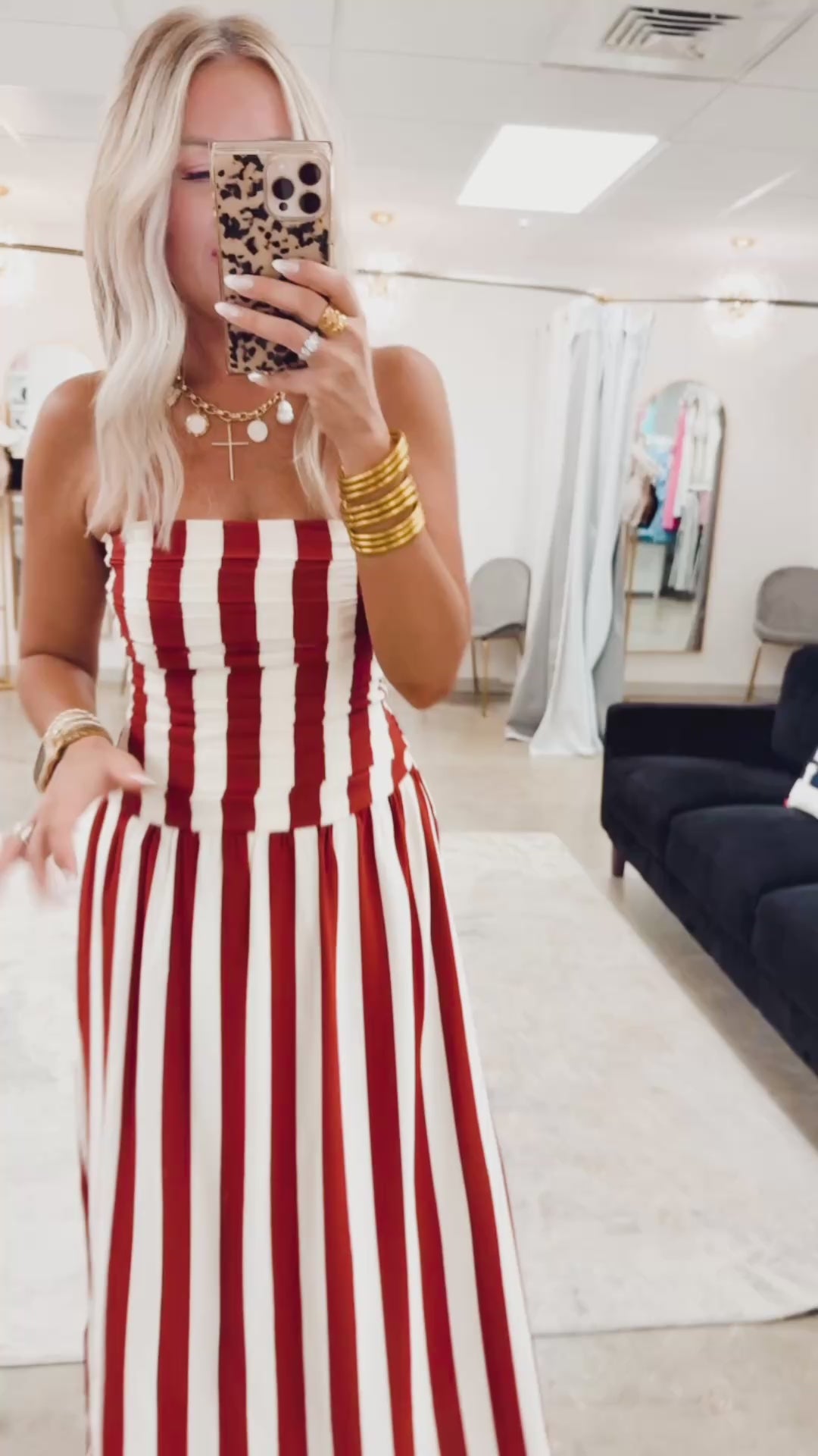 Vertical Stripe Strapless Midi Dress-Red