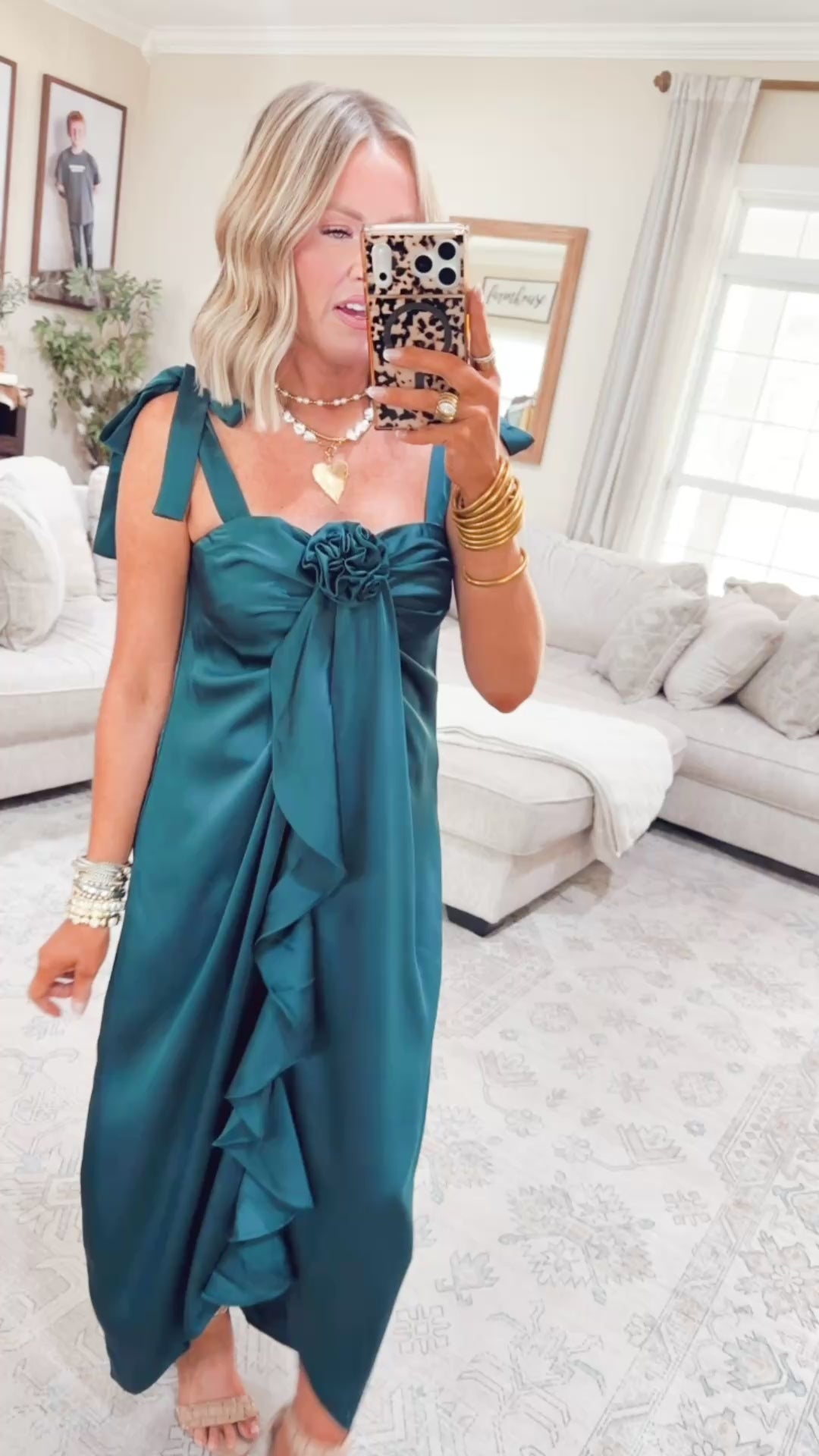 Amara Cascading Ruffle Dress-Teal Green