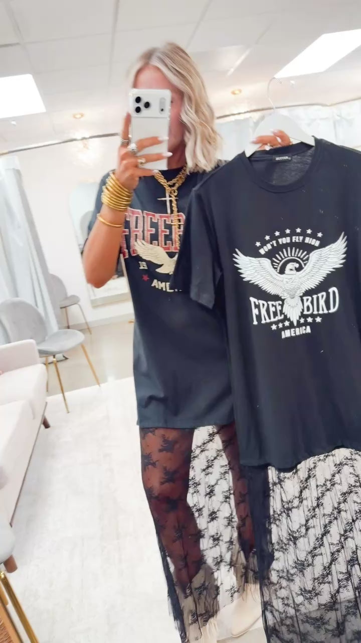 Free Bird 1977 Floral Lace T-Shirt Dress-Black