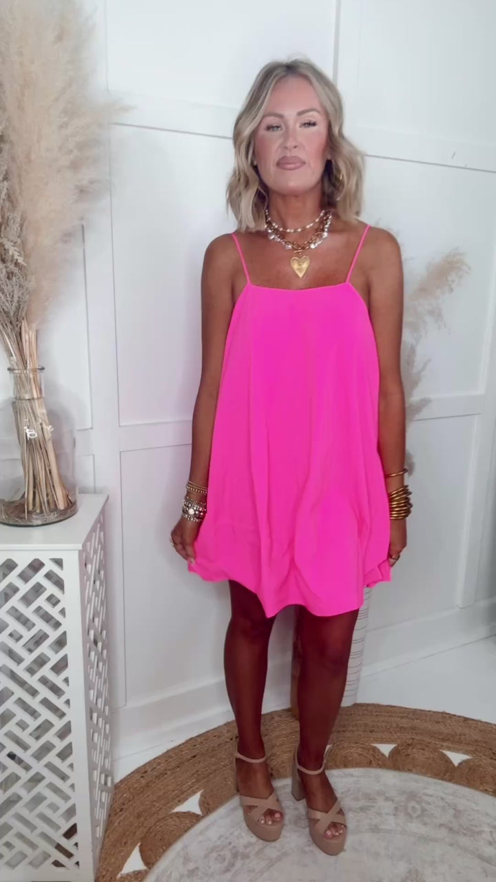 The Hannah Trapeze Mini Dress-Neon Pink