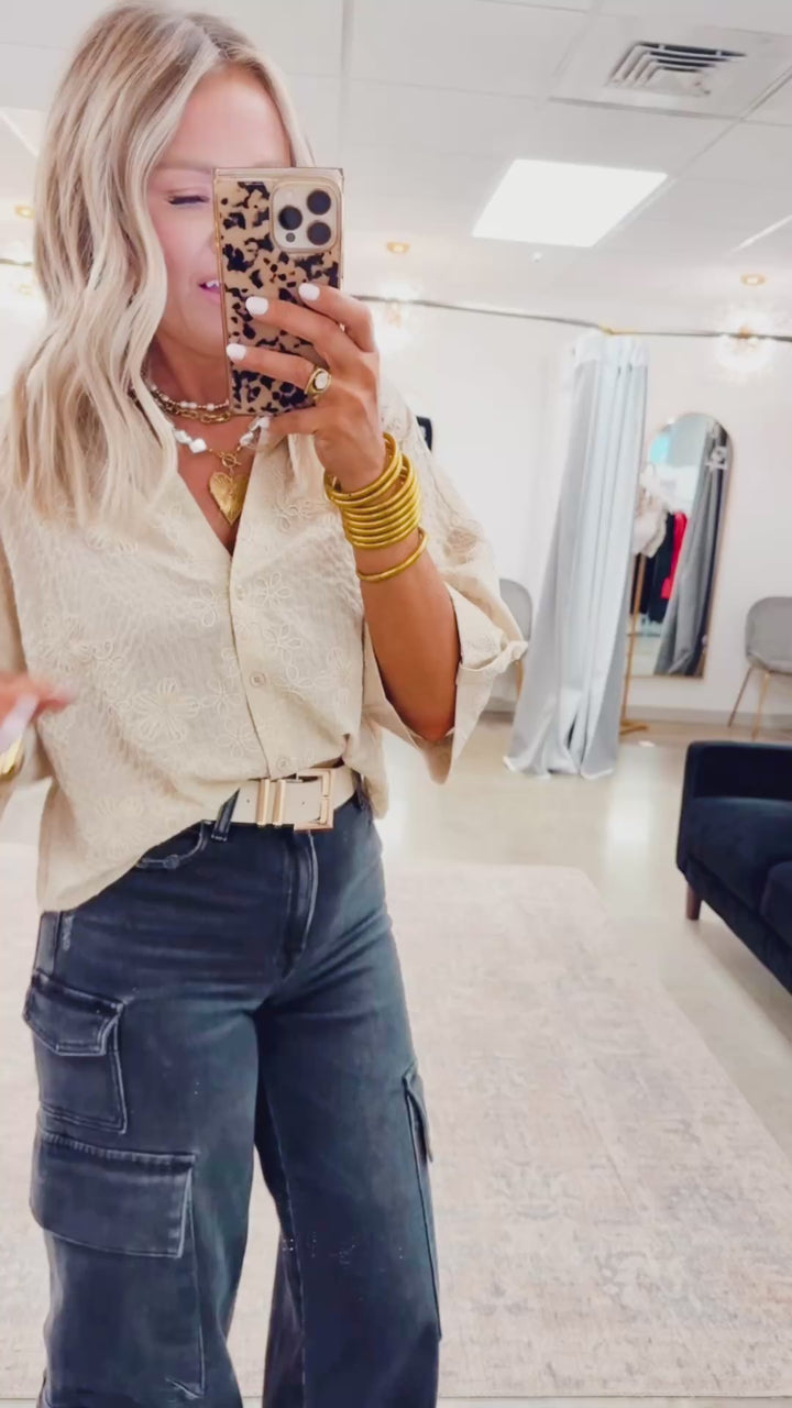 Embroidered Tabbed Sleeve Top