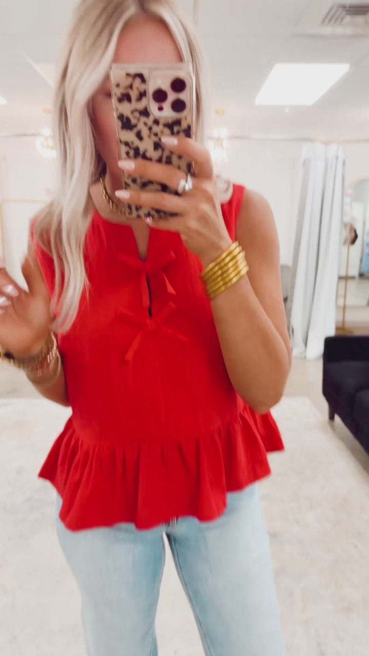 Bella Bow Peplum Top-Red