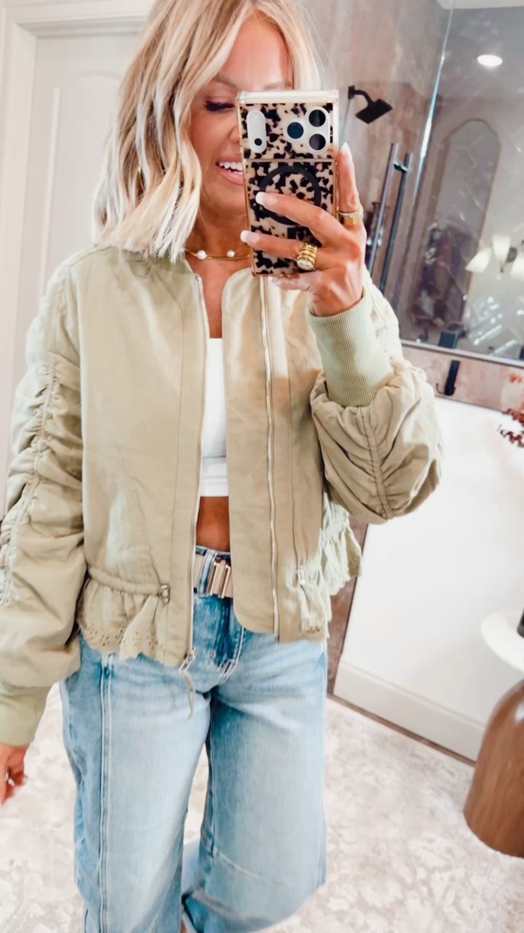 Ruched Sleeve Bomber Jacket-Light Olive