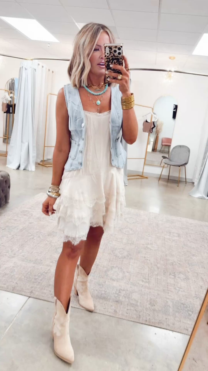 Scallop Lace Slip Mini Dress-Cream