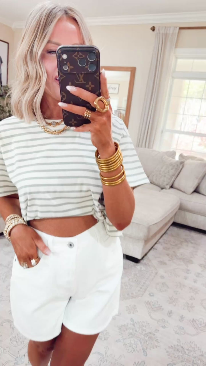 The Essential Cropped Stripe Tee-Sage Green