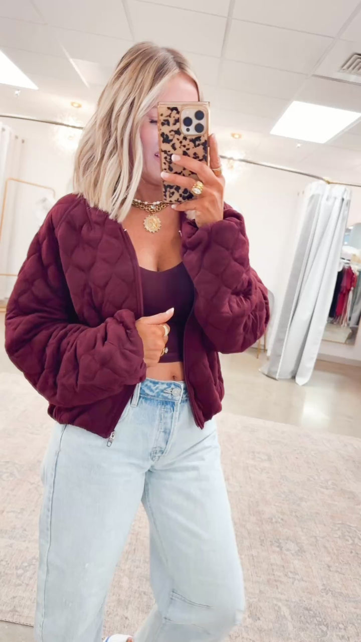 Naomi Quilted Bomber Jacket-Dark Cherry