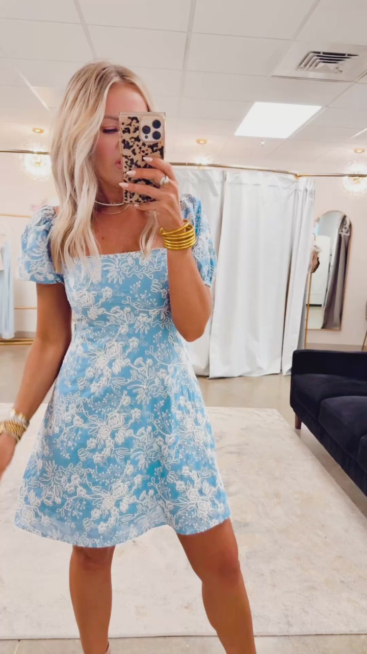 Isabella Puff Sleeve Mini Dress-Denim/Cream