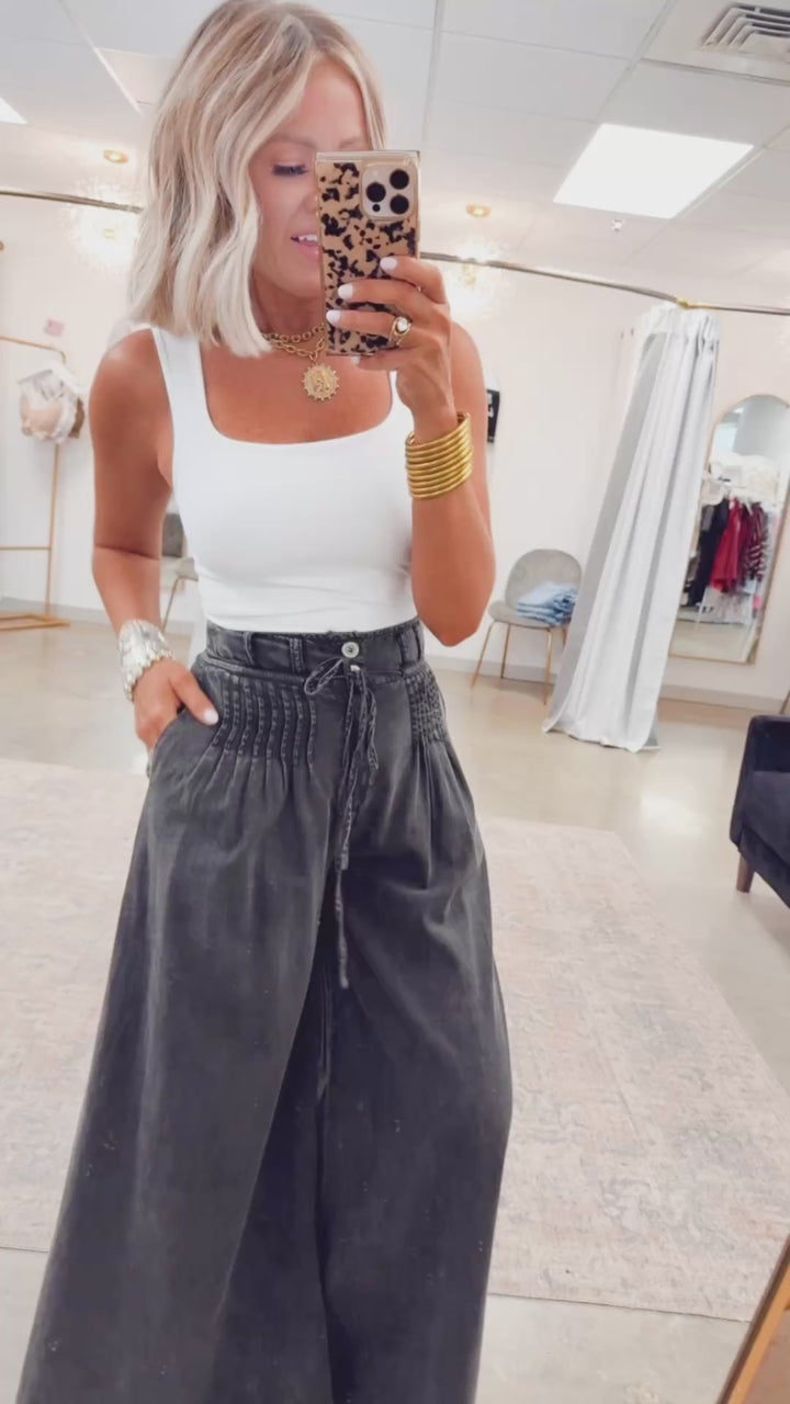 Pintuck Wide Leg Pants-Washed Black