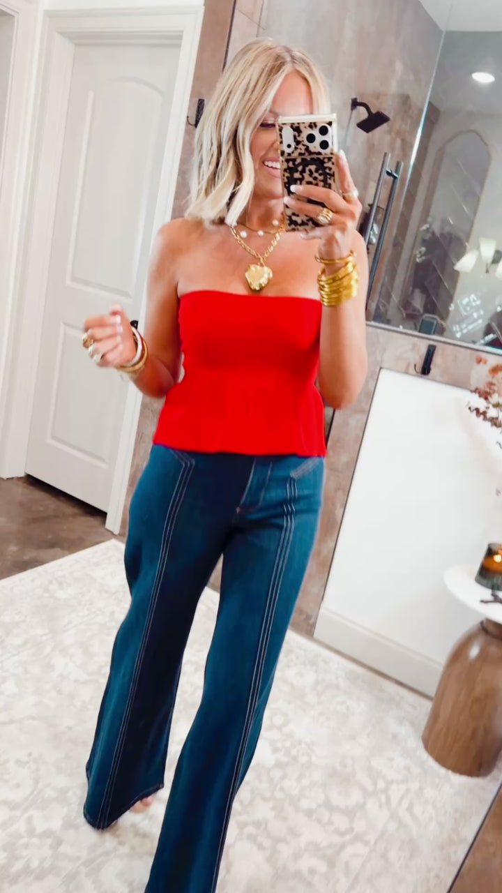 Ellie Strapless Knit Peplum Top-Red