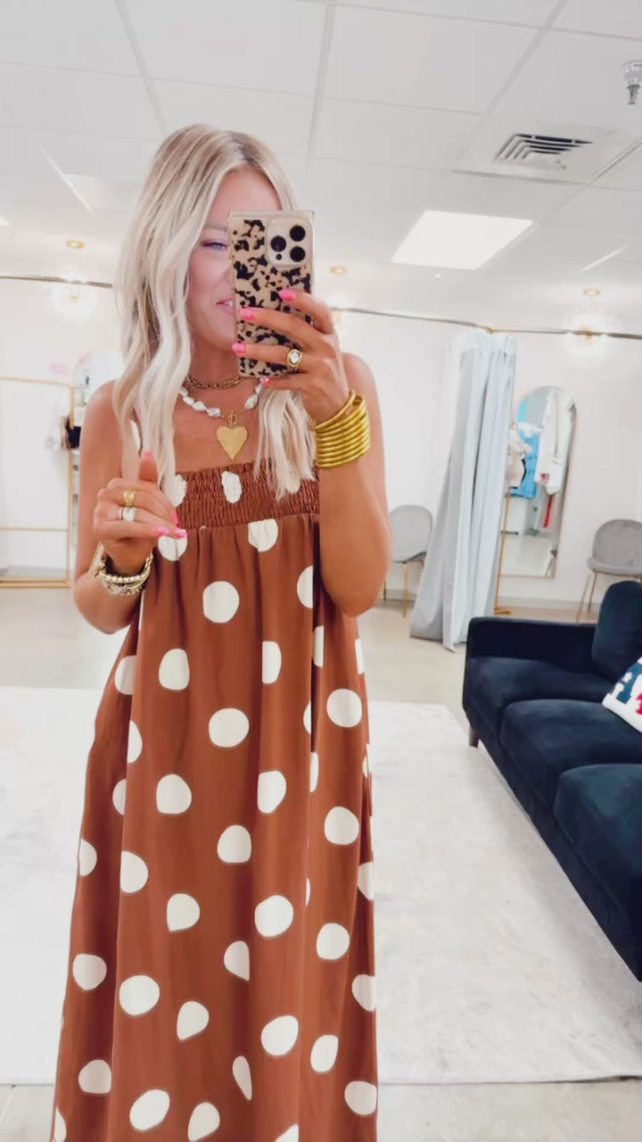 Polka Dot Smocked Maxi Dress- Brown
