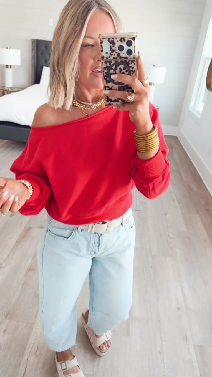 Alina Off Shoulder Sweatshirt-Red