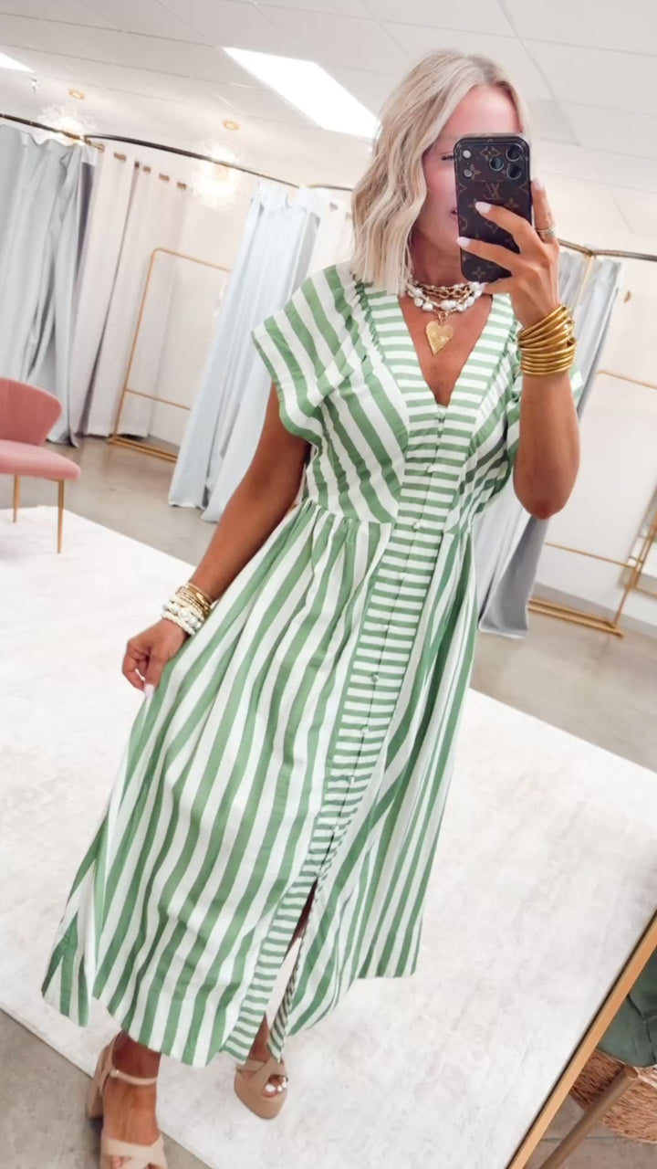 The Harbor Stripe Midi Dress-Green