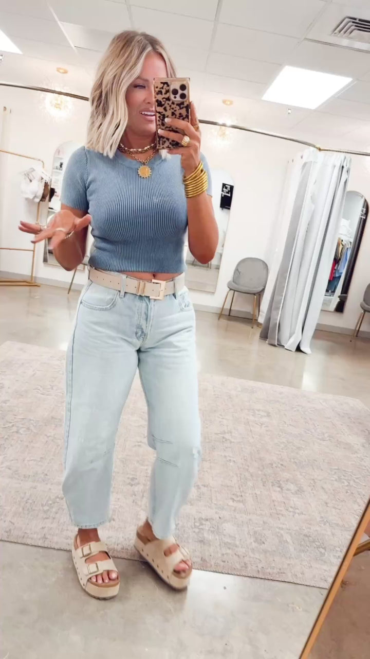 Washed Ribbed Cropped Tee-Slate Blue