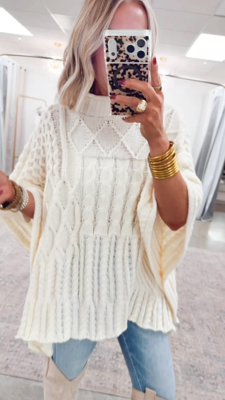 Everlyn Mock Neck Poncho Sweater-Cream