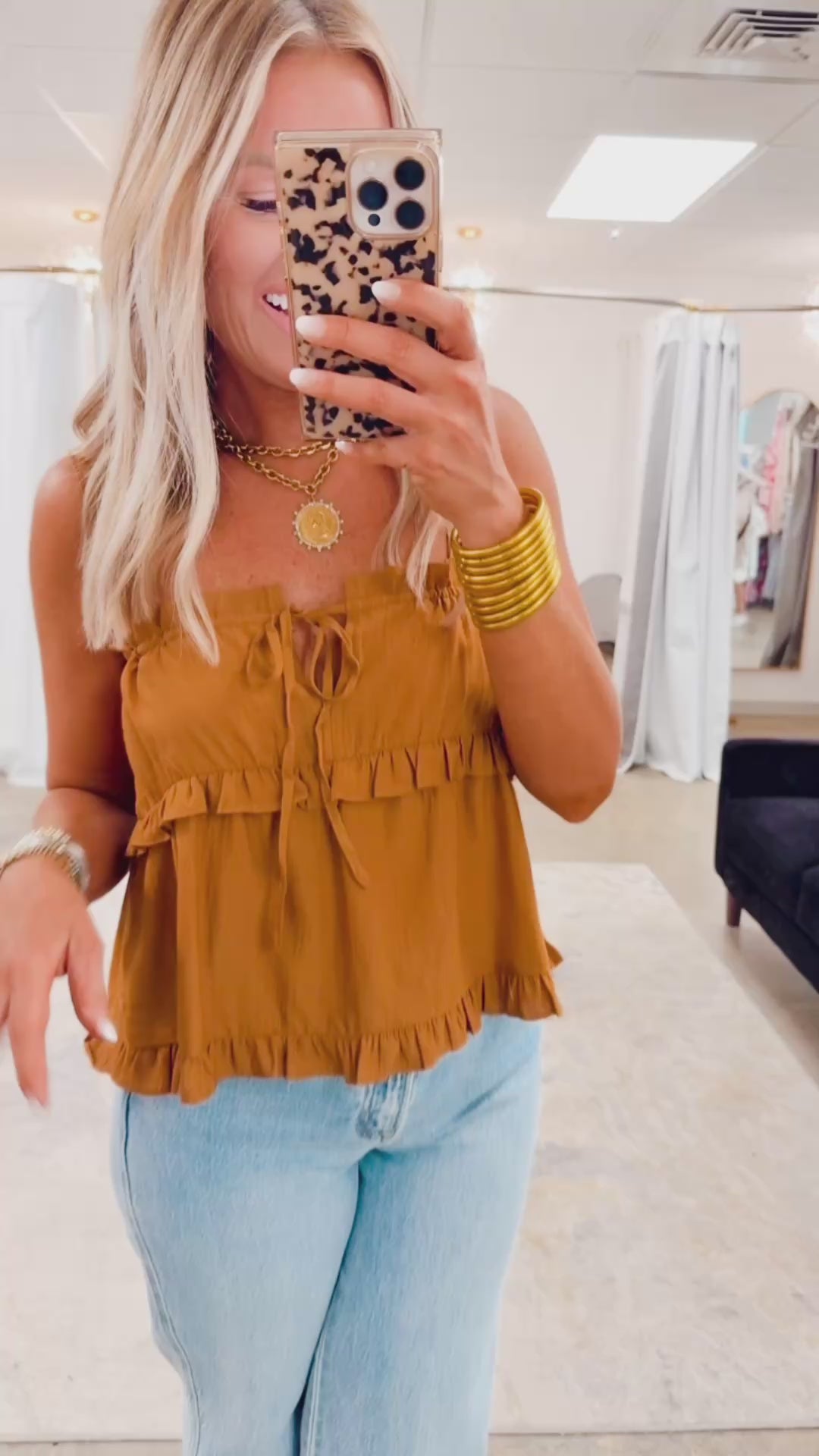 Sweet Ruffle Charm Top-Camel