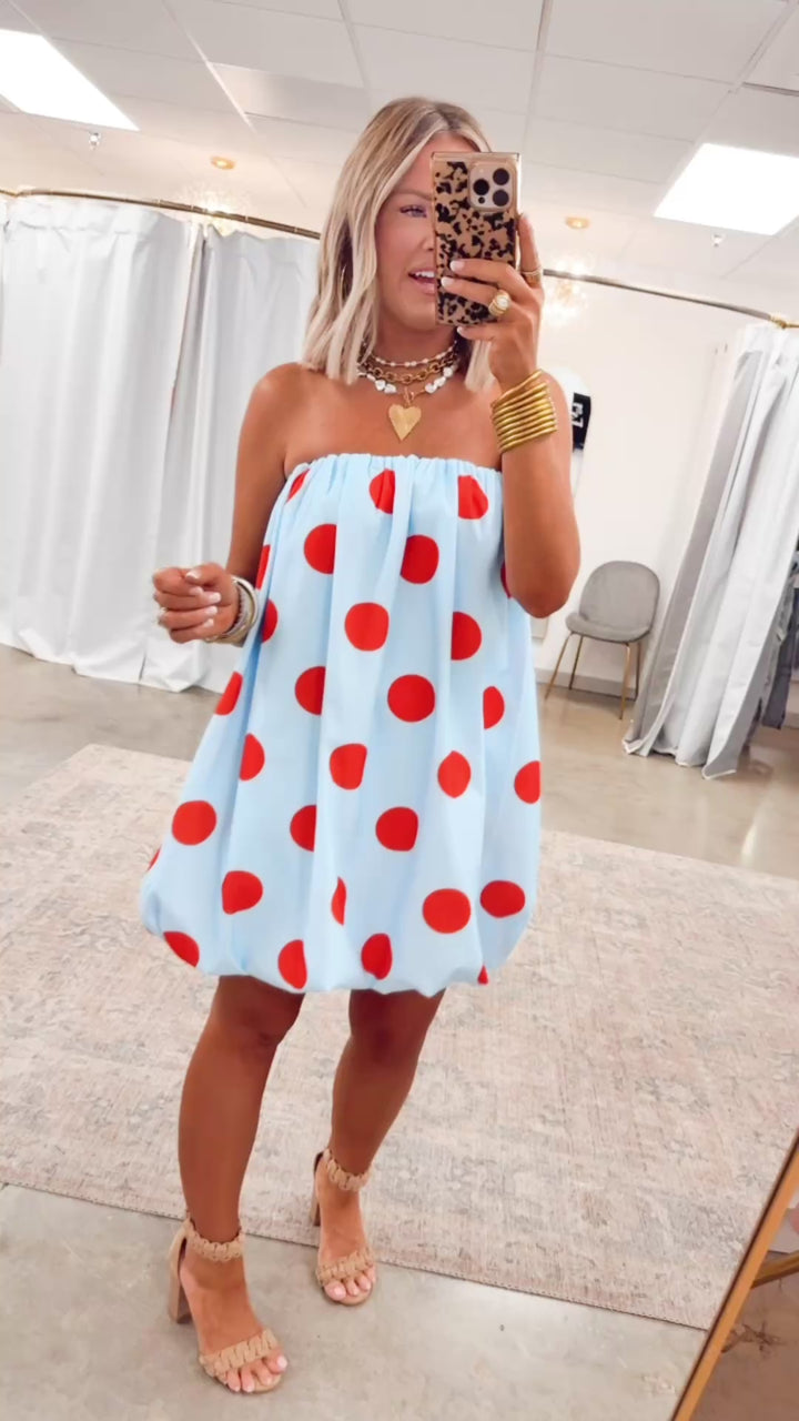Darling Polka Dot Bubble Hem Dress-Blue/Red