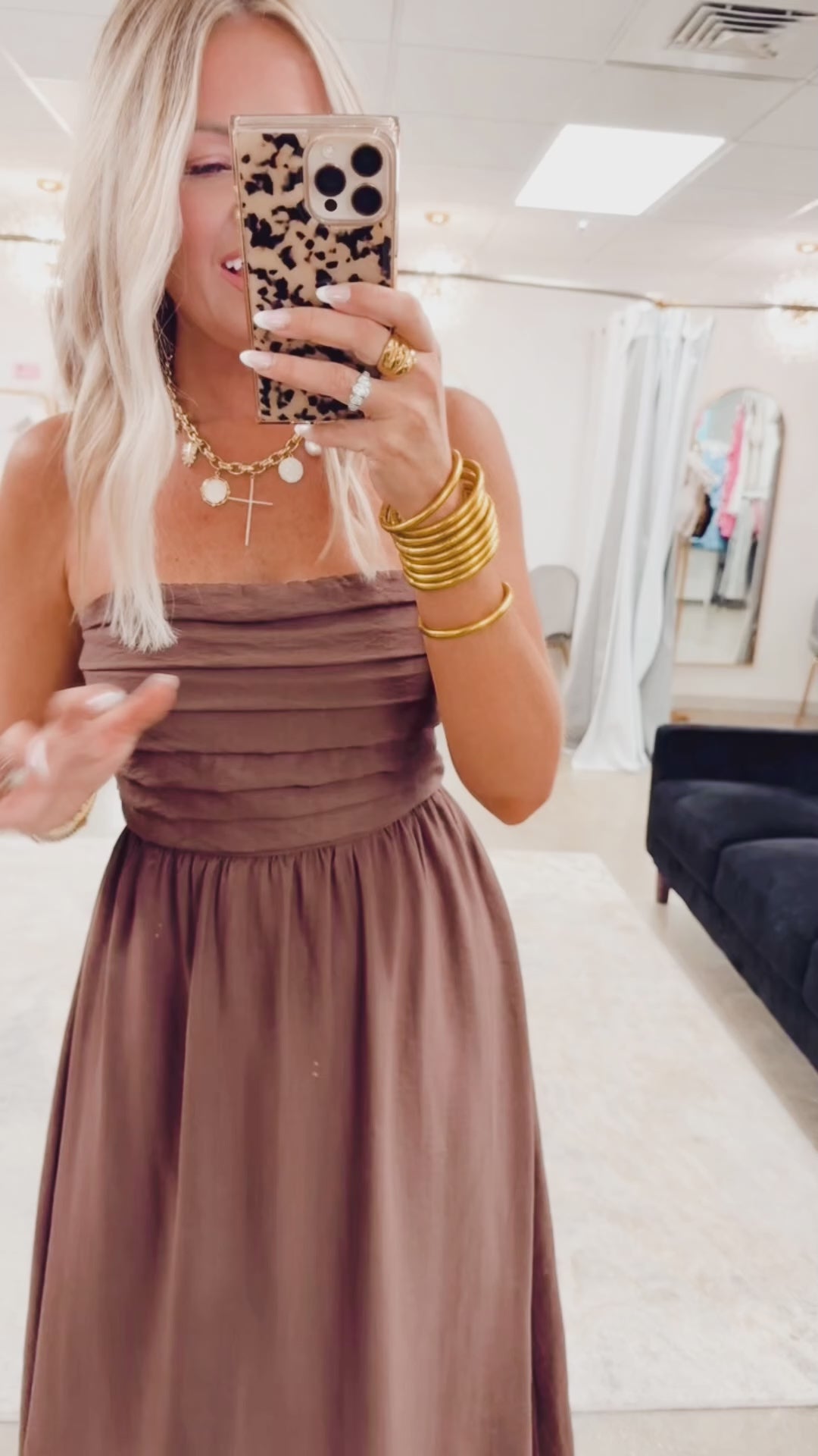 Pleated Bodice Strapless Midi Sundress- Brown