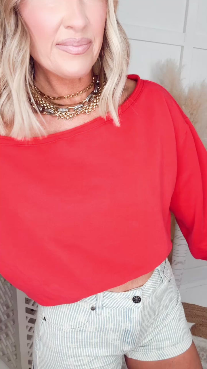 Alina Off Shoulder Sweatshirt-Red
