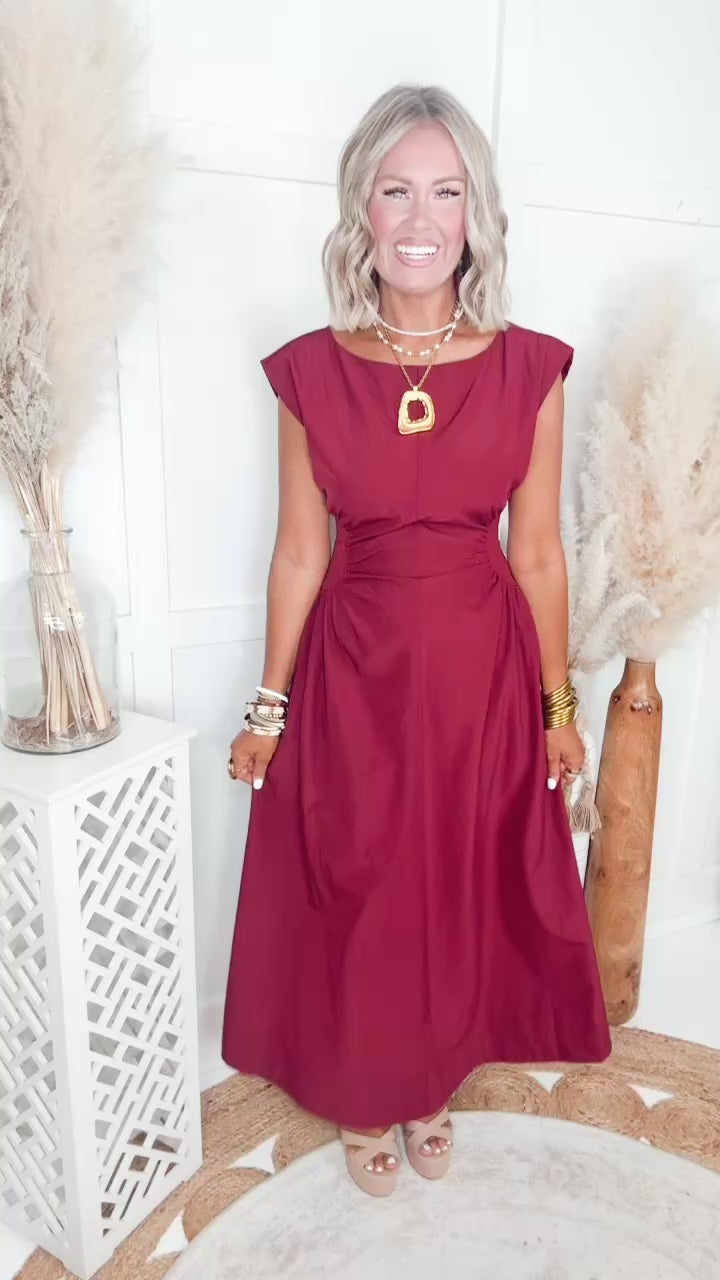 Marigold Ruched Midi Dress-Wine