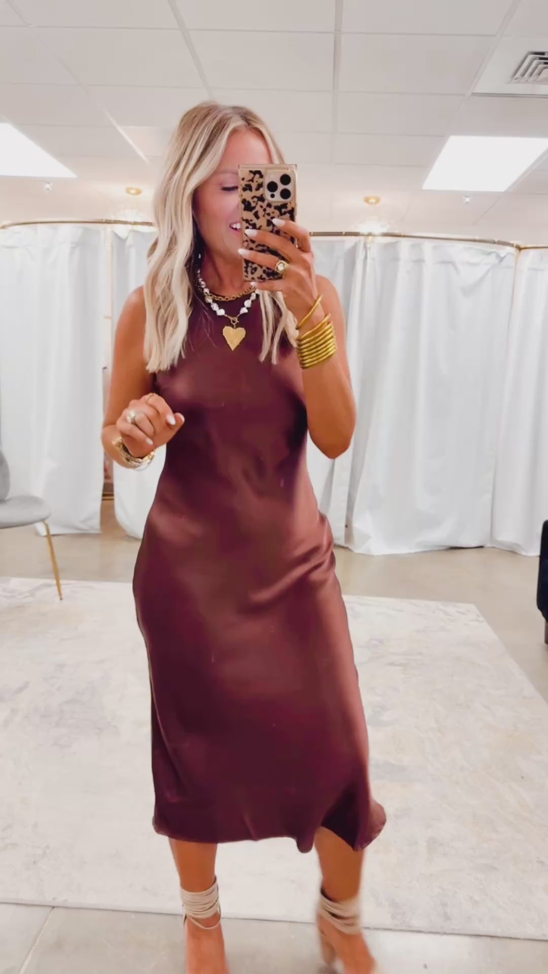 Satin Charm Midi Dress-Chestnut