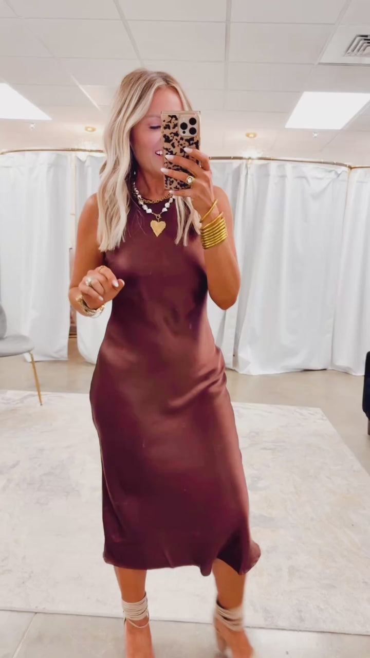 Satin Charm Midi Dress-Chestnut