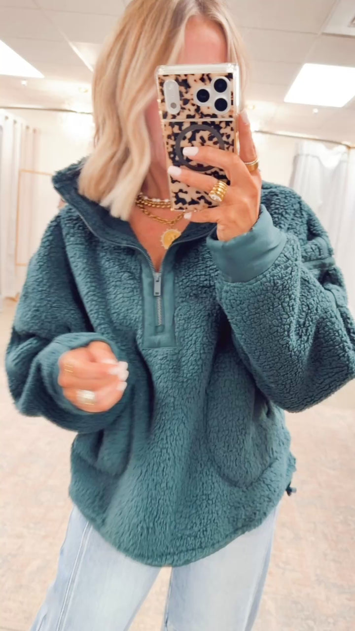 Sherpa Mock Neck Quarter Zip Jacket-Dk Green