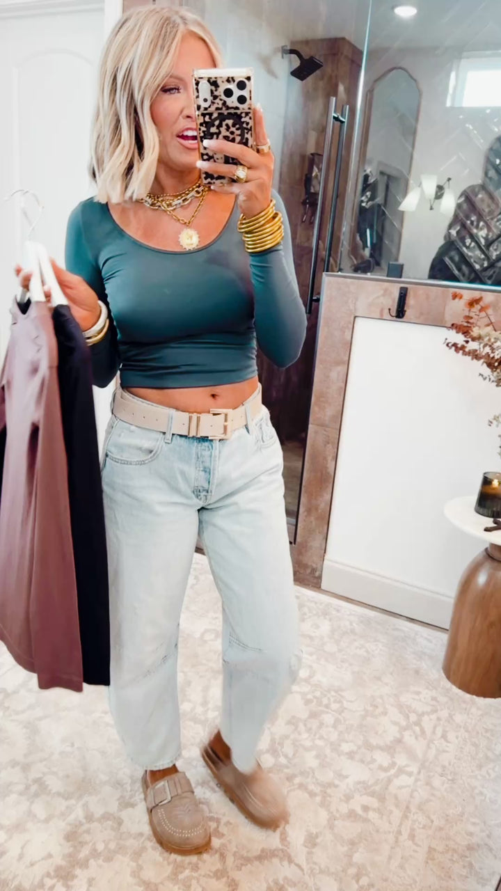 Basic Long Sleeve Scoop Neck Top-Forest Night