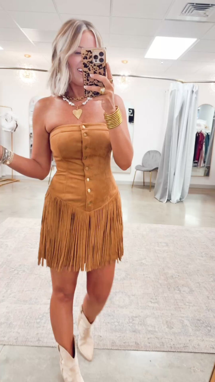 Fringe & Flirt Mini Dress-Camel