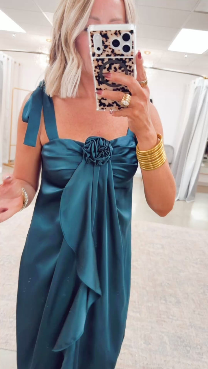 Amara Cascading Ruffle Dress-Teal Green