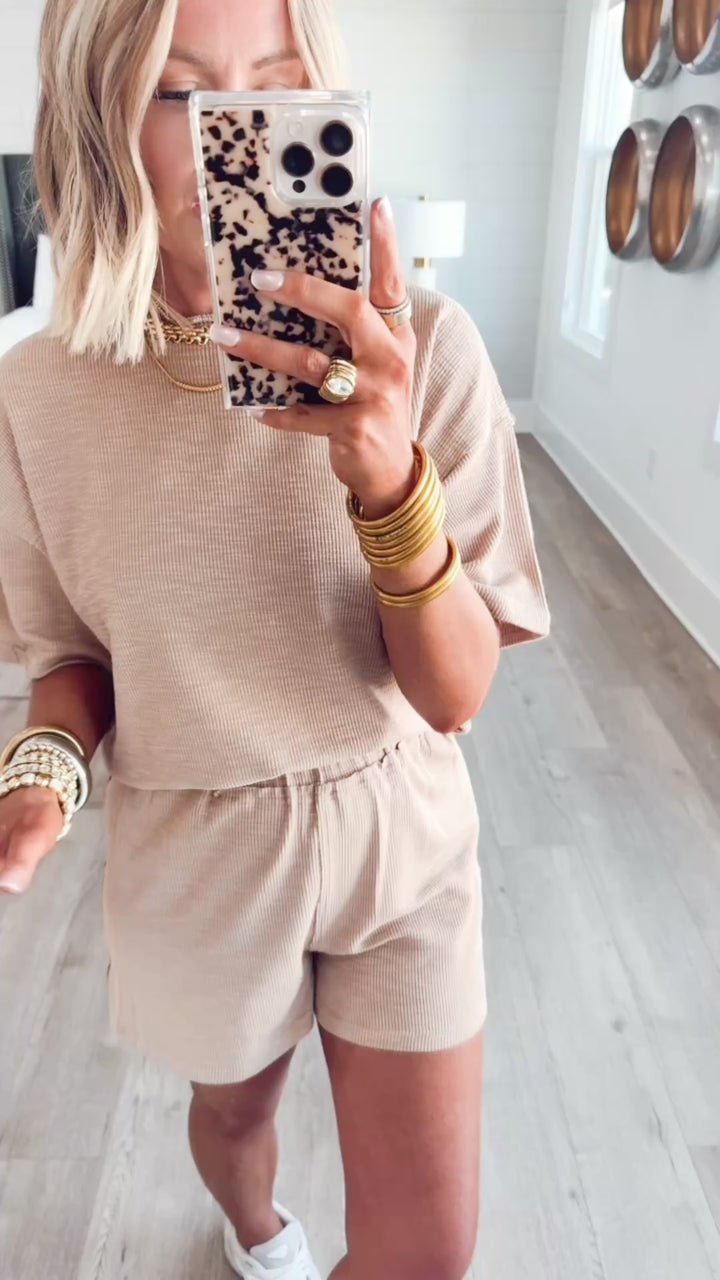 Amaya Textured Knit Top & Shorts Set-Taupe