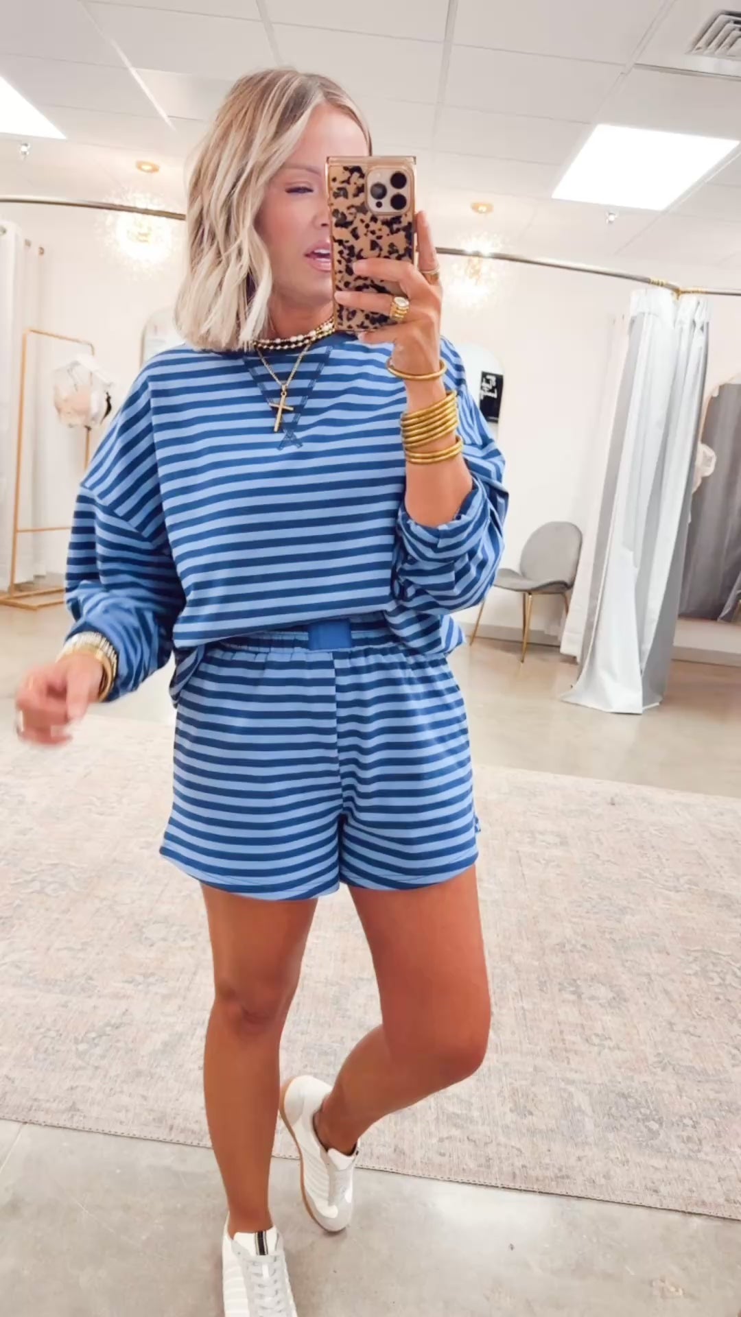 Lennon Stripe Shorts Set-Navy/Blue