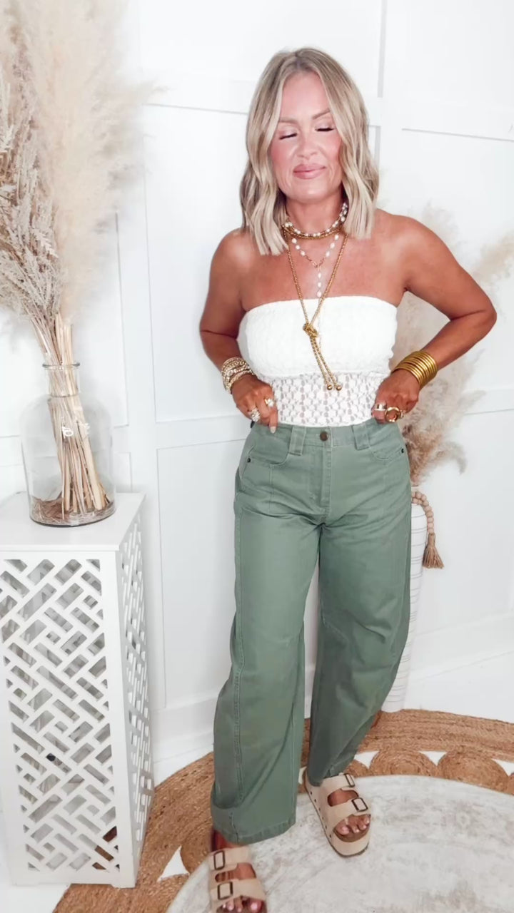 Jade Wide Leg Pintuck Pants-Olive
