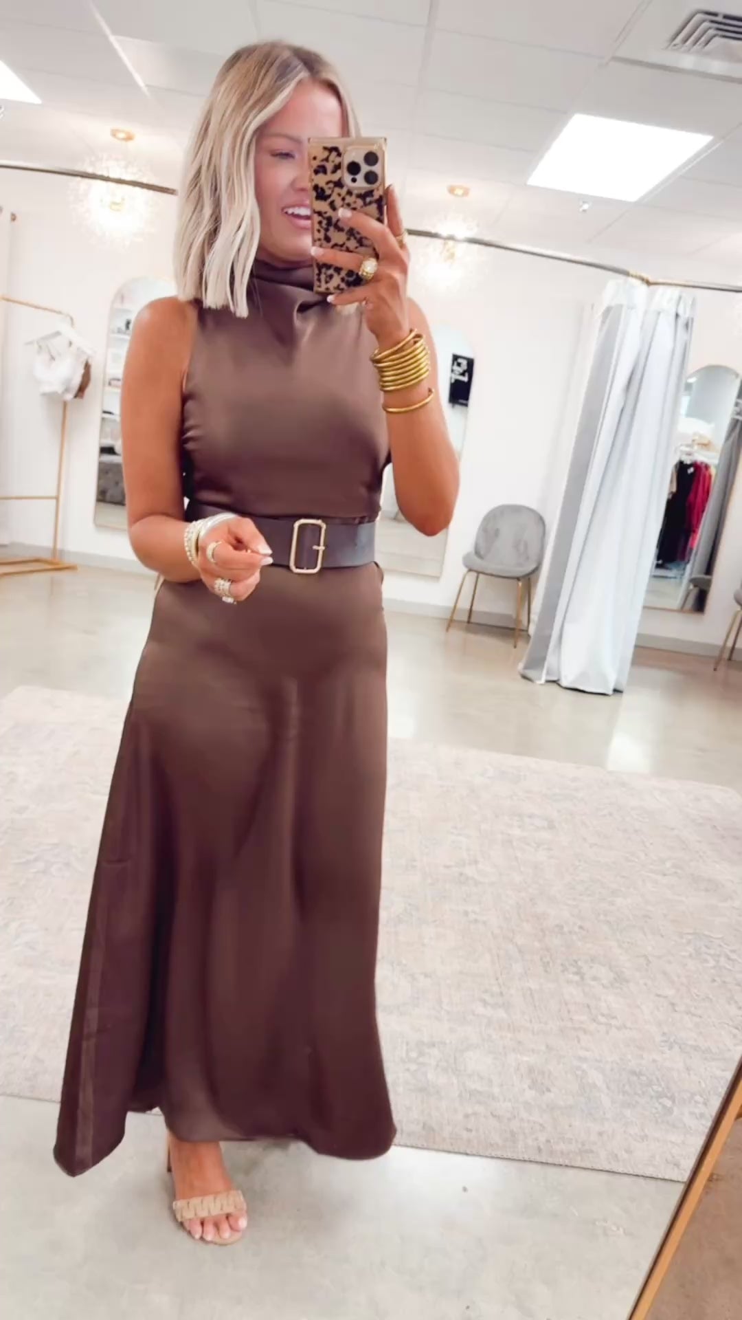 Halo High Neck Midi Dress-Brown