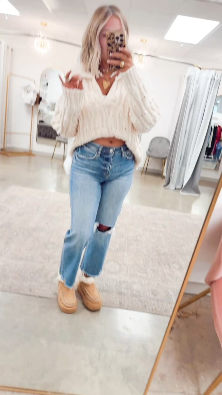 Cozy Collared Sweater Top-Cream