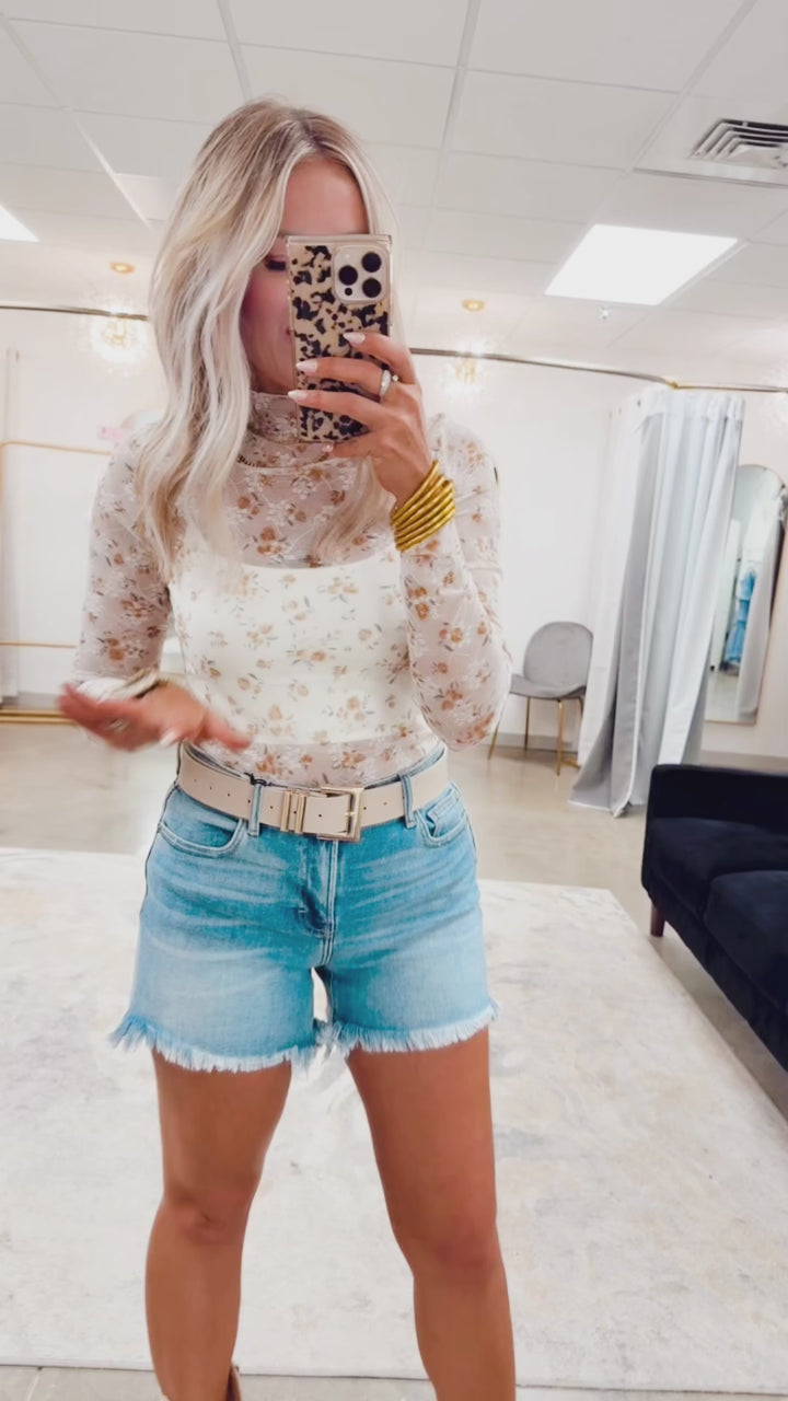 Floral Mesh Turtle Neck Top-Apricot