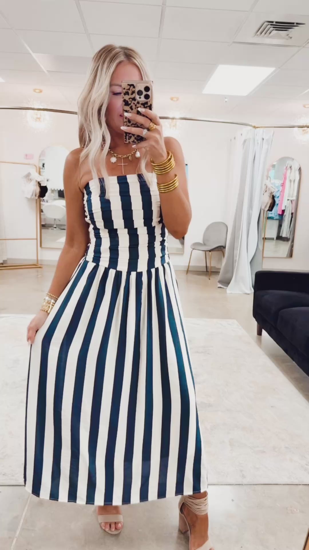 Vertical Stripe Strapless Midi Dress- Navy