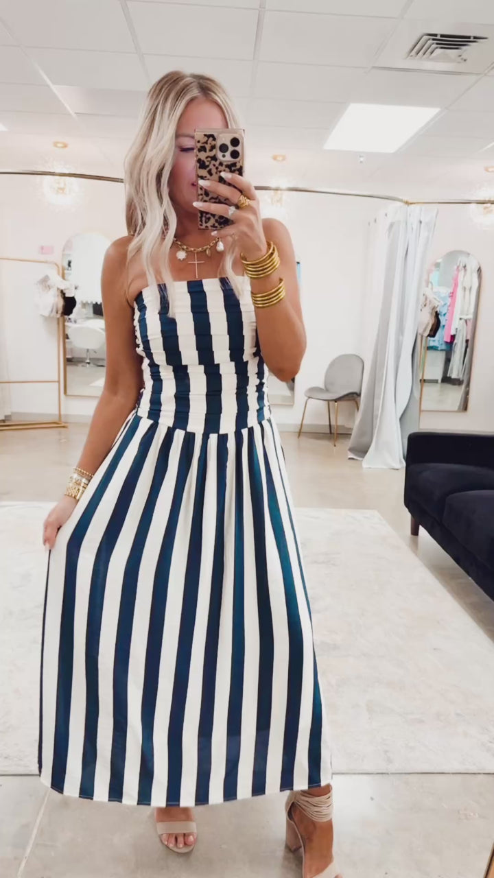 Vertical Stripe Strapless Midi Dress- Navy