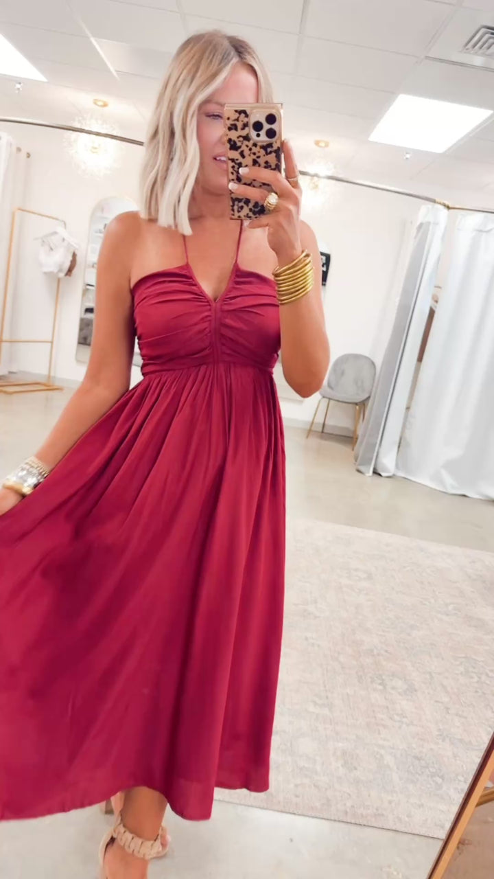 Anastasia Smocked Back Midi Dress-Wine