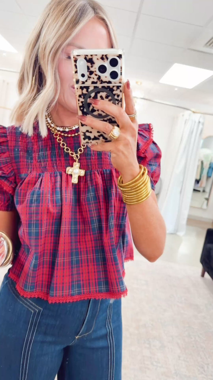 Plaid Tidings Top-Red/Navy