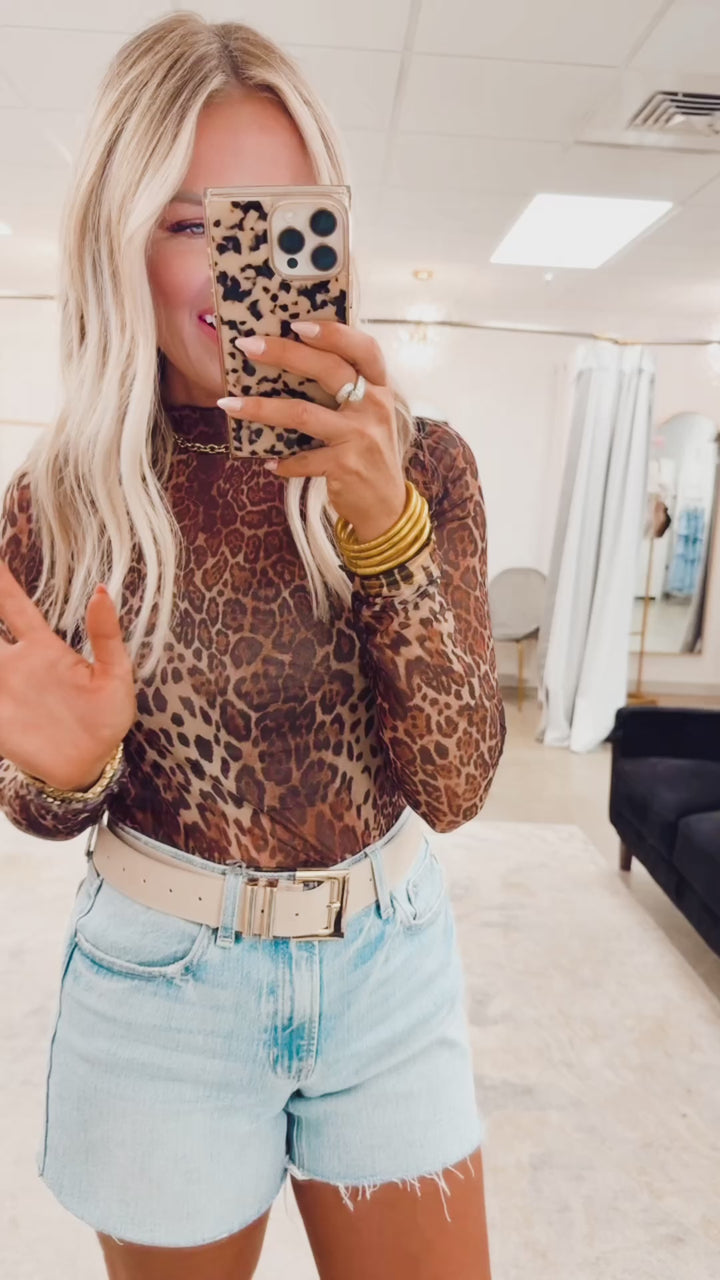 Leopard Mock Neck Mesh Top