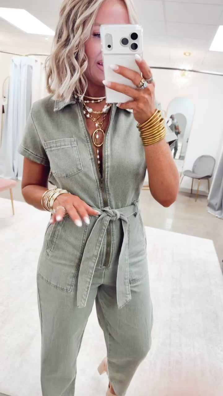 The Maverick Denim Jumpsuit-Olive