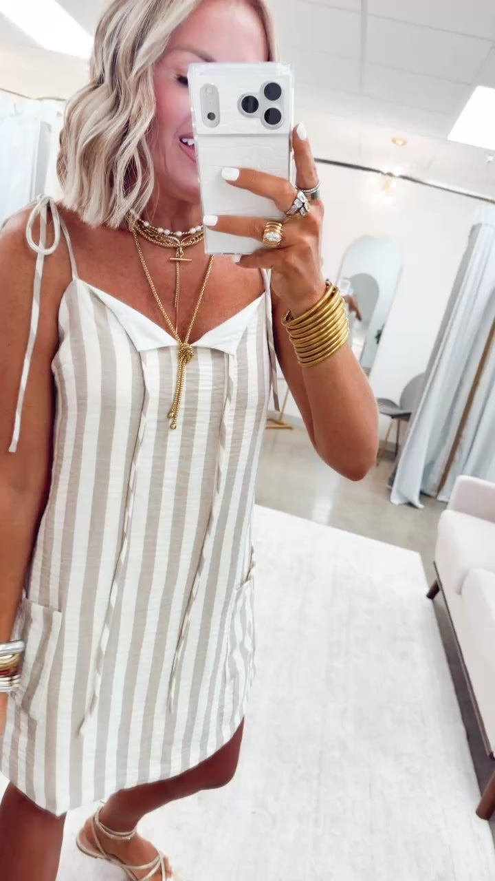 The Sienna Stripe Gauze Mini Dress-Beige