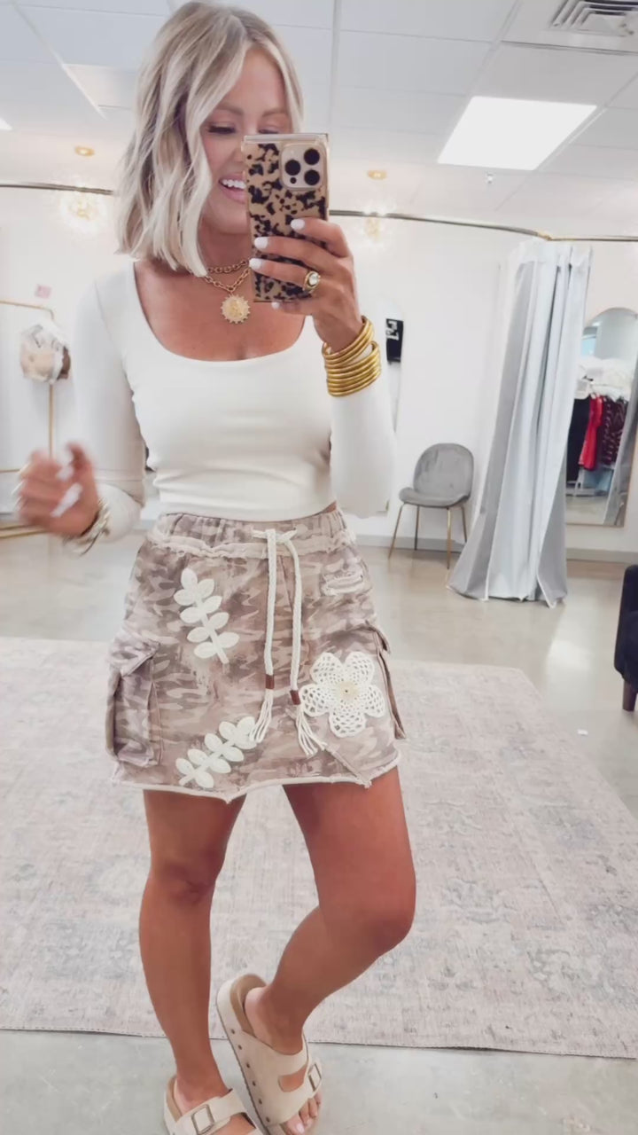 Petal Pop Camo Skirt-Tan