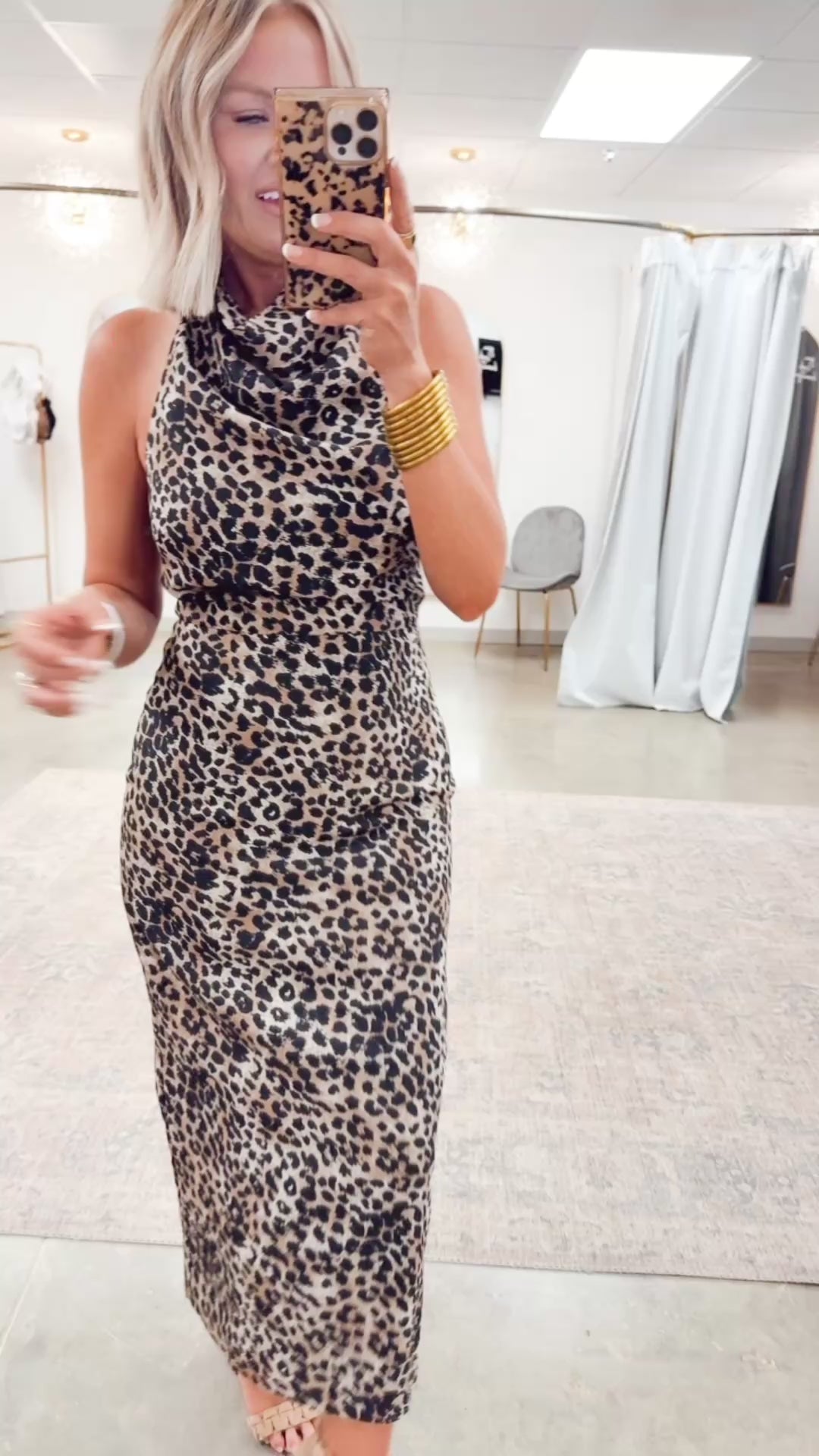 Leopard Halter Cowl Neck Midi Dress