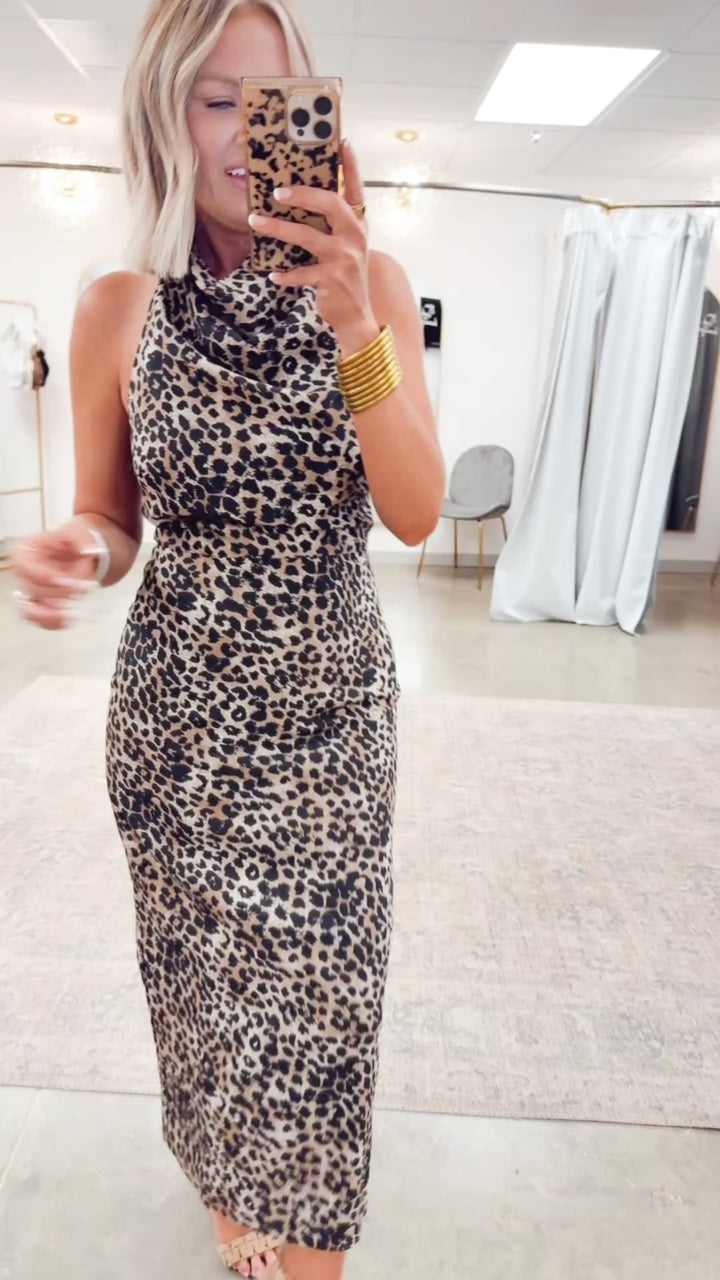 Leopard Halter Cowl Neck Midi Dress